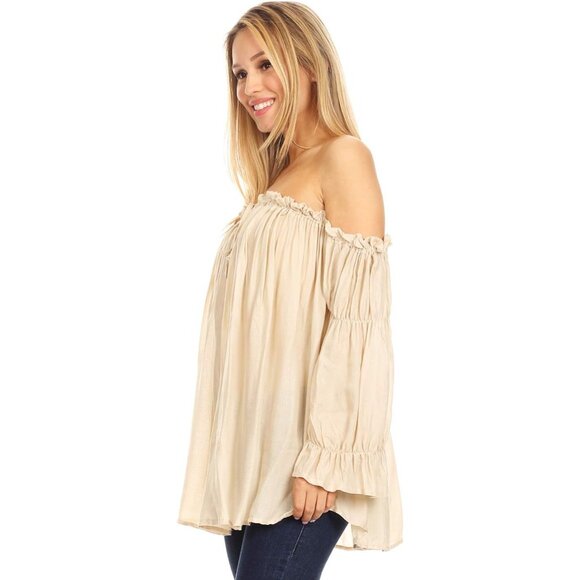 Women's Boho Sheer Peasant Top Off Shoulder Long Sleeve Casual Flowy - Picture 4 of 6